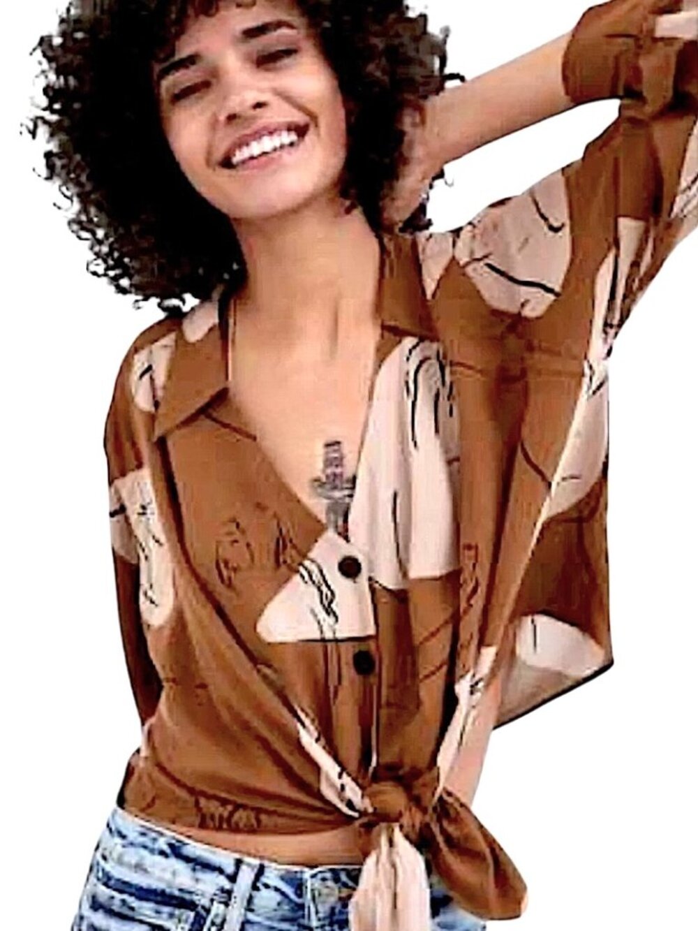 ZARA Abstract Face Print Tie-Front Shirt Art To Wear Loose Fit Size M Brown NWOT